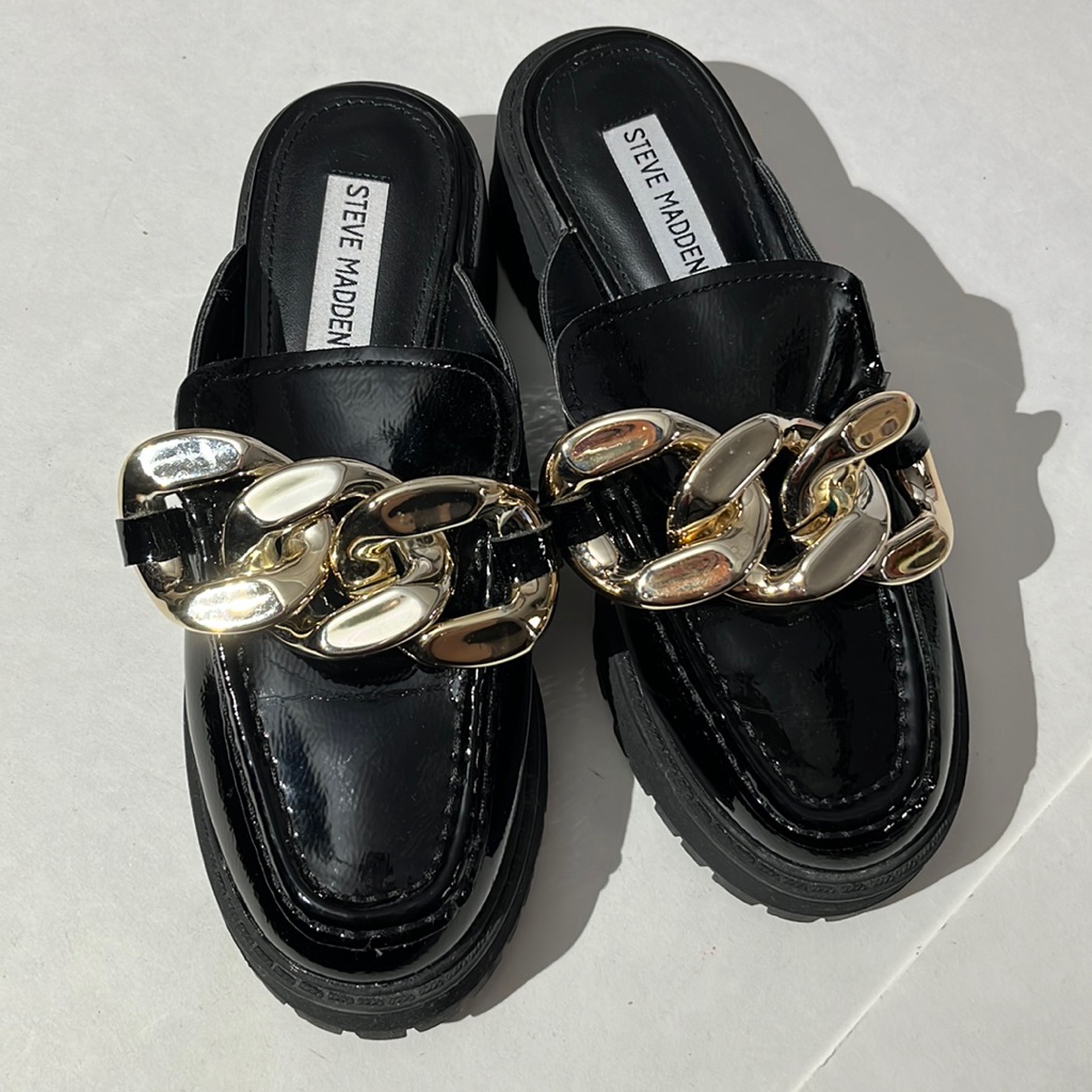 Steve Madden Miri Vegan Leather Platform Mega-Chain Slip-On Lug Sole Mules Sz 6